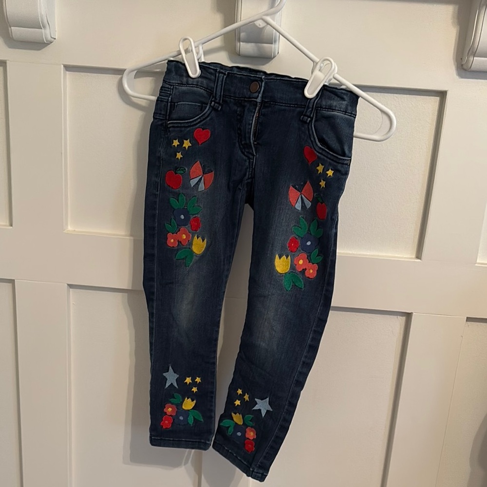 Hanna Andersson Size 5 Dark Blue Soft Stretchy Jeans with Colorful Embroidery